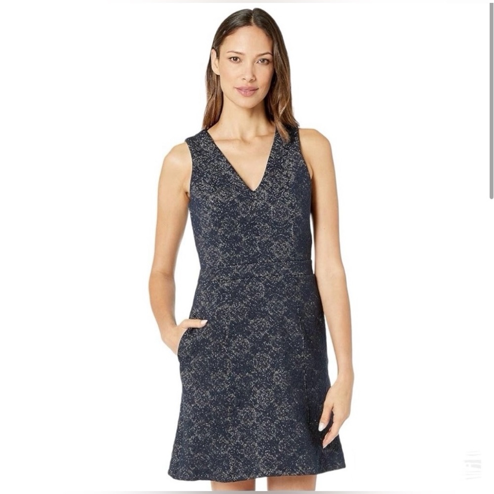 NWOT Michael Kors Navy Blue Gold Medallion Jacquard A Line Dress, Size Small